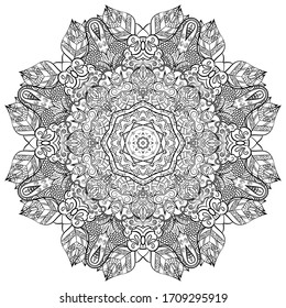 Mandala, tracery wheel mehndi design. Ethnic ornament, doodle symmetry texture. Folk traditional spiritual tribal design. Curved shape, isolated on white. Binary monochrome black and white art. Vector