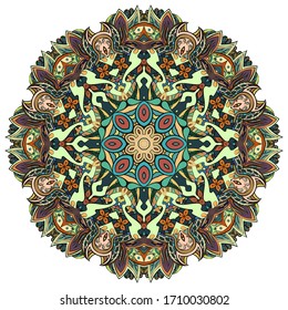 Mandala, tracery wheel mehndi design. Ethnic ornament, colorful doodle symmetry texture. Folk traditional spiritual tribal design. Curved shape, isolated on white. Color art. Vector