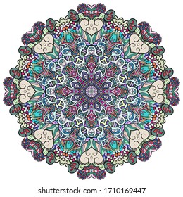 Mandala, tracery wheel mehndi design. Ethnic ornament, colorful doodle symmetry texture. Folk traditional spiritual tribal design. Curved shape, isolated on white. Color art. Vector