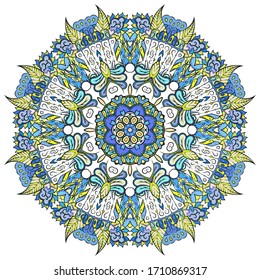 Mandala, tracery wheel mehndi design. Ethnic ornament, colorful doodle symmetry texture. Folk traditional spiritual tribal design. Curved shape, isolated on white. Color art. Vector