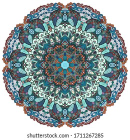 Mandala, tracery wheel mehndi design. Ethnic ornament, colorful doodle symmetry texture. Folk traditional spiritual tribal design. Curved shape, isolated on white. Color art. Vector