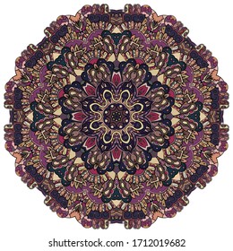 Mandala, tracery wheel mehndi design. Ethnic ornament, colorful doodle symmetry texture. Folk traditional spiritual tribal design. Curved shape, isolated on white. Color art. Vector
