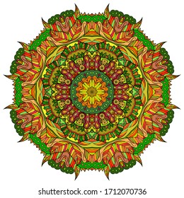 Mandala, tracery wheel mehndi design. Ethnic ornament, colorful doodle symmetry texture. Folk traditional spiritual tribal design. Curved shape, isolated on white. Color art. Vector
