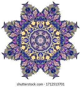 Mandala, tracery wheel mehndi design. Ethnic ornament, colorful doodle symmetry texture. Folk traditional spiritual tribal design. Curved shape, isolated on white. Color art. Vector