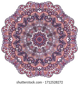 Mandala, tracery wheel mehndi design. Ethnic ornament, colorful doodle symmetry texture. Folk traditional spiritual tribal design. Curved shape, isolated on white. Color art. Vector