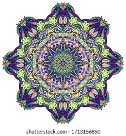 Mandala, tracery wheel mehndi design. Ethnic ornament, colorful doodle symmetry texture. Folk traditional spiritual tribal design. Curved shape, isolated on white. Color art. Vector