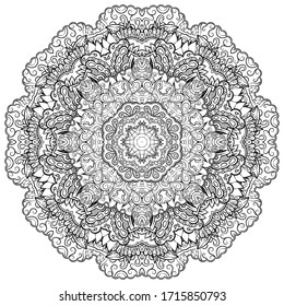 Mandala, tracery wheel mehndi design. Ethnic ornament, doodle symmetry texture. Folk traditional spiritual tribal design. Curved shape, isolated on white. Binary monochrome black and white art. Vector