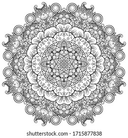 Mandala, tracery wheel mehndi design. Ethnic ornament, doodle symmetry texture. Folk traditional spiritual tribal design. Curved shape, isolated on white. Binary monochrome black and white art. Vector