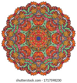Mandala, tracery wheel mehndi design. Ethnic ornament, colorful doodle symmetry texture. Folk traditional spiritual tribal design. Curved shape, isolated on white. Color art. Vector