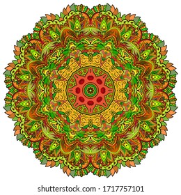 Mandala, tracery wheel mehndi design. Ethnic ornament, colorful doodle symmetry texture. Folk traditional spiritual tribal design. Curved shape, isolated on white. Color art. Vector