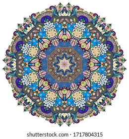 Mandala, tracery wheel mehndi design. Ethnic ornament, colorful doodle symmetry texture. Folk traditional spiritual tribal design. Curved shape, isolated on white. Color art. Vector