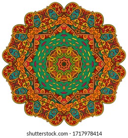 Mandala, tracery wheel mehndi design. Ethnic ornament, colorful doodle symmetry texture. Folk traditional spiritual tribal design. Curved shape, isolated on white. Color art. Vector