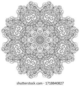 Mandala, tracery wheel mehndi design. Ethnic ornament, doodle symmetry texture. Folk traditional spiritual tribal design. Curved shape, isolated on white. Binary monochrome black and white art. Vector