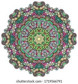 Mandala, tracery wheel mehndi design. Ethnic ornament, colorful doodle symmetry texture. Folk traditional spiritual tribal design. Curved shape, isolated on white. Color art. Vector