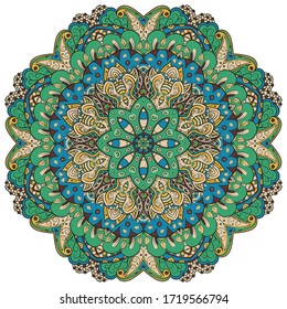 Mandala, tracery wheel mehndi design. Ethnic ornament, colorful doodle symmetry texture. Folk traditional spiritual tribal design. Curved shape, isolated on white. Color art. Vector
