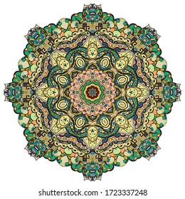 Mandala, tracery wheel mehndi design. Ethnic ornament, colorful doodle symmetry texture. Folk traditional spiritual tribal design. Curved shape, isolated on white. Color art. Vector