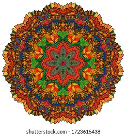 Mandala, tracery wheel mehndi design. Ethnic ornament, colorful doodle symmetry texture. Folk traditional spiritual tribal design. Curved shape, isolated on white. Color art. Vector