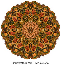 Mandala, tracery wheel mehndi design. Ethnic ornament, colorful doodle symmetry texture. Folk traditional spiritual tribal design. Curved shape, isolated on white. Color art. Vector