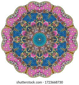 Mandala, tracery wheel mehndi design. Ethnic ornament, colorful doodle symmetry texture. Folk traditional spiritual tribal design. Curved shape, isolated on white. Color art. Vector
