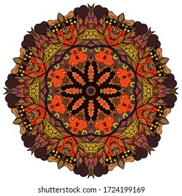 Mandala, tracery wheel mehndi design. Ethnic ornament, colorful doodle symmetry texture. Folk traditional spiritual tribal design. Curved shape, isolated on white. Color art. Vector