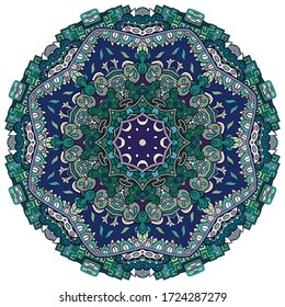 Mandala, tracery wheel mehndi design. Ethnic ornament, colorful doodle symmetry texture. Folk traditional spiritual tribal design. Curved shape, isolated on white. Color art. Vector