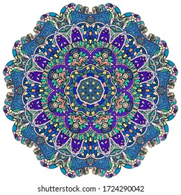 Mandala, tracery wheel mehndi design. Ethnic ornament, colorful doodle symmetry texture. Folk traditional spiritual tribal design. Curved shape, isolated on white. Color art. Vector