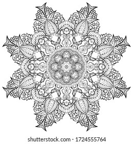 Mandala, tracery wheel mehndi design. Ethnic ornament, doodle symmetry texture. Folk traditional spiritual tribal design. Curved shape, isolated on white. Binary monochrome black and white art. Vector