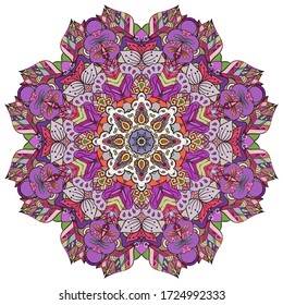 Mandala, tracery wheel mehndi design. Ethnic ornament, colorful doodle symmetry texture. Folk traditional spiritual tribal design. Curved shape, isolated on white. Color art. Vector