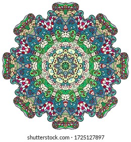 Mandala, tracery wheel mehndi design. Ethnic ornament, colorful doodle symmetry texture. Folk traditional spiritual tribal design. Curved shape, isolated on white. Color art. Vector