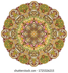 Mandala, tracery wheel mehndi design. Ethnic ornament, colorful doodle symmetry texture. Folk traditional spiritual tribal design. Curved shape, isolated on white. Color art. Vector