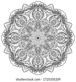 Mandala, tracery wheel mehndi design. Ethnic ornament, doodle symmetry texture. Folk traditional spiritual tribal design. Curved shape, isolated on white. Binary monochrome black and white art. Vector