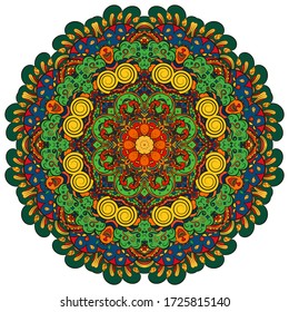Mandala, tracery wheel mehndi design. Ethnic ornament, colorful doodle symmetry texture. Folk traditional spiritual tribal design. Curved shape, isolated on white. Color art. Vector