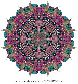 Mandala, tracery wheel mehndi design. Ethnic ornament, colorful doodle symmetry texture. Folk traditional spiritual tribal design. Curved shape, isolated on white. Color art. Vector