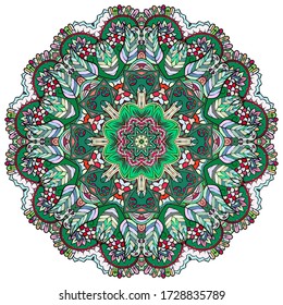 Mandala, tracery wheel mehndi design. Ethnic ornament, colorful doodle symmetry texture. Folk traditional spiritual tribal design. Curved shape, isolated on white. Color art. Vector