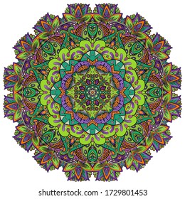 Mandala, tracery wheel mehndi design. Ethnic ornament, colorful doodle symmetry texture. Folk traditional spiritual tribal design. Curved shape, isolated on white. Color art. Vector