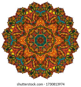 Mandala, tracery wheel mehndi design. Ethnic ornament, colorful doodle symmetry texture. Folk traditional spiritual tribal design. Curved shape, isolated on white. Color art. Vector