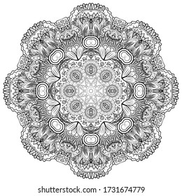 Mandala, tracery wheel mehndi design. Ethnic ornament, doodle symmetry texture. Folk traditional spiritual tribal design. Curved shape, isolated on white. Binary monochrome black and white art. Vector
