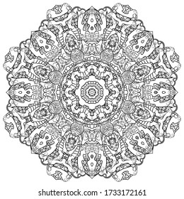 Mandala, tracery wheel mehndi design. Ethnic ornament, doodle symmetry texture. Folk traditional spiritual tribal design. Curved shape, isolated on white. Binary monochrome black and white art. Vector