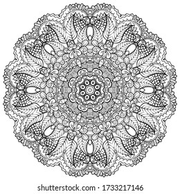 Mandala, tracery wheel mehndi design. Ethnic ornament, doodle symmetry texture. Folk traditional spiritual tribal design. Curved shape, isolated on white. Binary monochrome black and white art. Vector