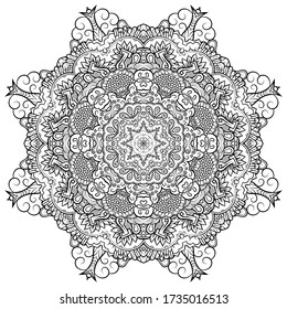 Mandala, tracery wheel mehndi design. Ethnic ornament, doodle symmetry texture. Folk traditional spiritual tribal design. Curved shape, isolated on white. Binary monochrome black and white art. Vector