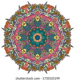 Mandala, tracery wheel mehndi design. Ethnic ornament, colorful doodle symmetry texture. Folk traditional spiritual tribal design. Curved shape, isolated on white. Color art. Vector