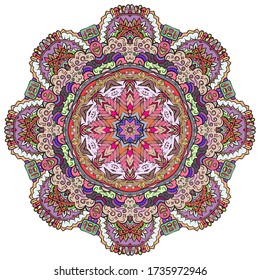 Mandala, tracery wheel mehndi design. Ethnic ornament, colorful doodle symmetry texture. Folk traditional spiritual tribal design. Curved shape, isolated on white. Color art. Vector