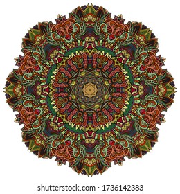 Mandala, tracery wheel mehndi design. Ethnic ornament, colorful doodle symmetry texture. Folk traditional spiritual tribal design. Curved shape, isolated on white. Color art. Vector