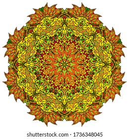 Mandala, tracery wheel mehndi design. Ethnic ornament, colorful doodle symmetry texture. Folk traditional spiritual tribal design. Curved shape, isolated on white. Color art. Vector