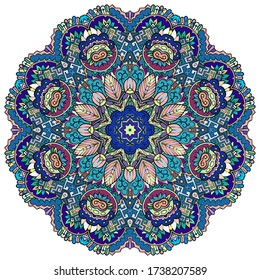 Mandala, tracery wheel mehndi design. Ethnic ornament, colorful doodle symmetry texture. Folk traditional spiritual tribal design. Curved shape, isolated on white. Color art. Vector