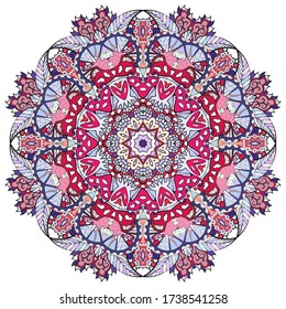 Mandala, tracery wheel mehndi design. Ethnic ornament, colorful doodle symmetry texture. Folk traditional spiritual tribal design. Curved shape, isolated on white. Color art. Vector