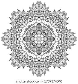 Mandala, tracery wheel mehndi design. Ethnic ornament, doodle symmetry texture. Folk traditional spiritual tribal design. Curved shape, isolated on white. Binary monochrome black and white art. Vector