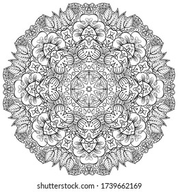 Mandala, tracery wheel mehndi design. Ethnic ornament, doodle symmetry texture. Folk traditional spiritual tribal design. Curved shape, isolated on white. Binary monochrome black and white art. Vector