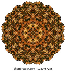 Mandala, tracery wheel mehndi design. Ethnic ornament, colorful doodle symmetry texture. Folk traditional spiritual tribal design. Curved shape, isolated on white. Color art. Vector