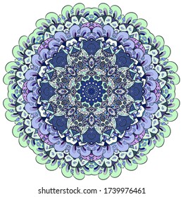 Mandala, tracery wheel mehndi design. Ethnic ornament, colorful doodle symmetry texture. Folk traditional spiritual tribal design. Curved shape, isolated on white. Color art. Vector